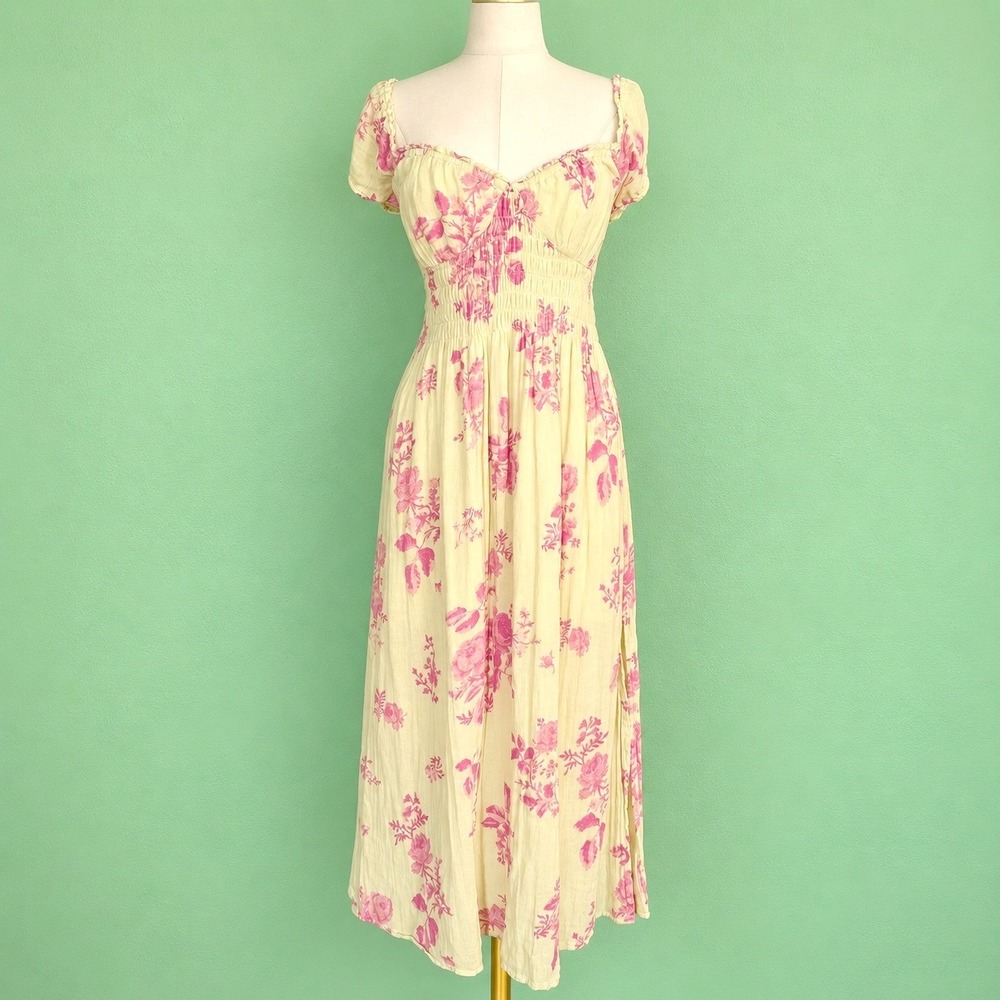 Free People Maxi Dress Womens Large Green Pink Floral Excellent Smocked Tie Back